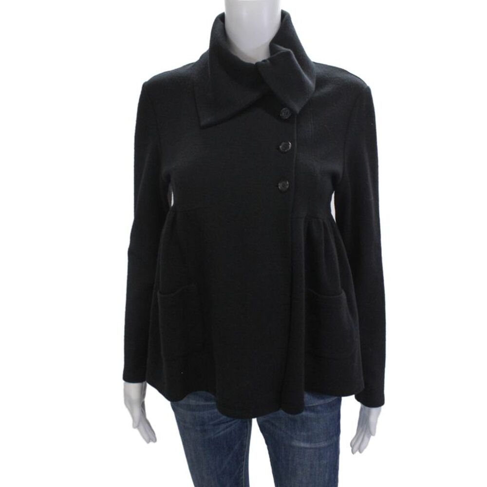 Morgane Le Fay Womens Black Wool Blend Collared Button Coat Long Sleeve Size L